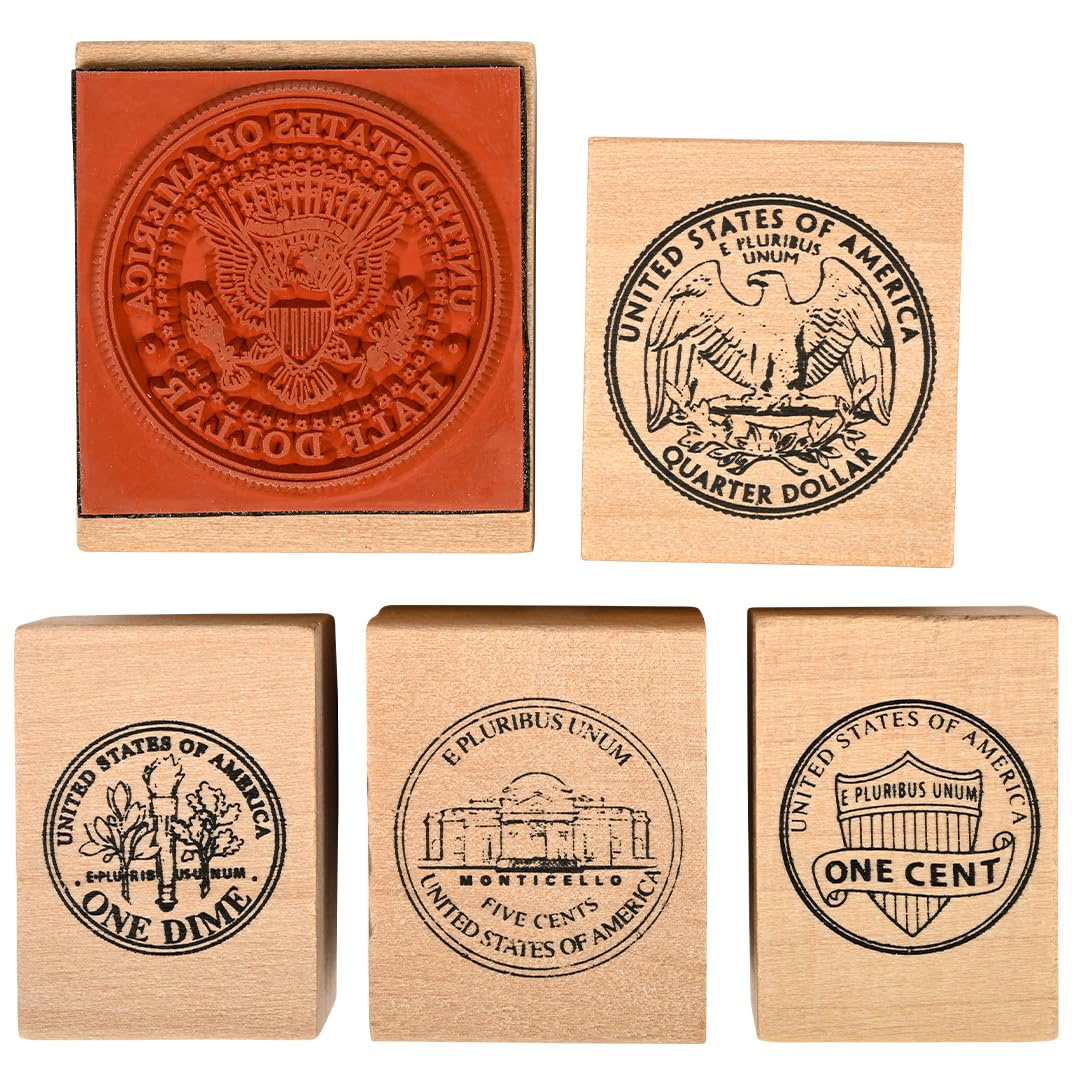 READY 2 LEARN-CE104 Coin Stamps - Tails - Set of 5 - Wooden Stamps for Currency, Math and DIY Activities - Use for Flashcards, W