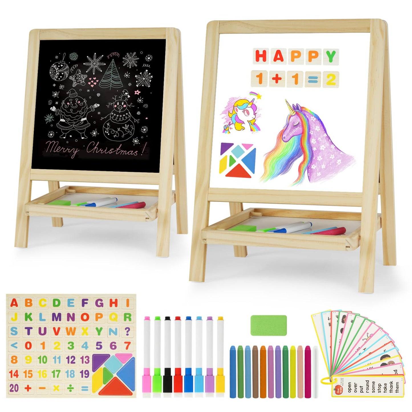 Kids Tabletop Double-Sided Wooden Art Easel - Chalkboard & Whiteboard Painting Board for Toddlers, Dry-Erase Classroom Desk Ease