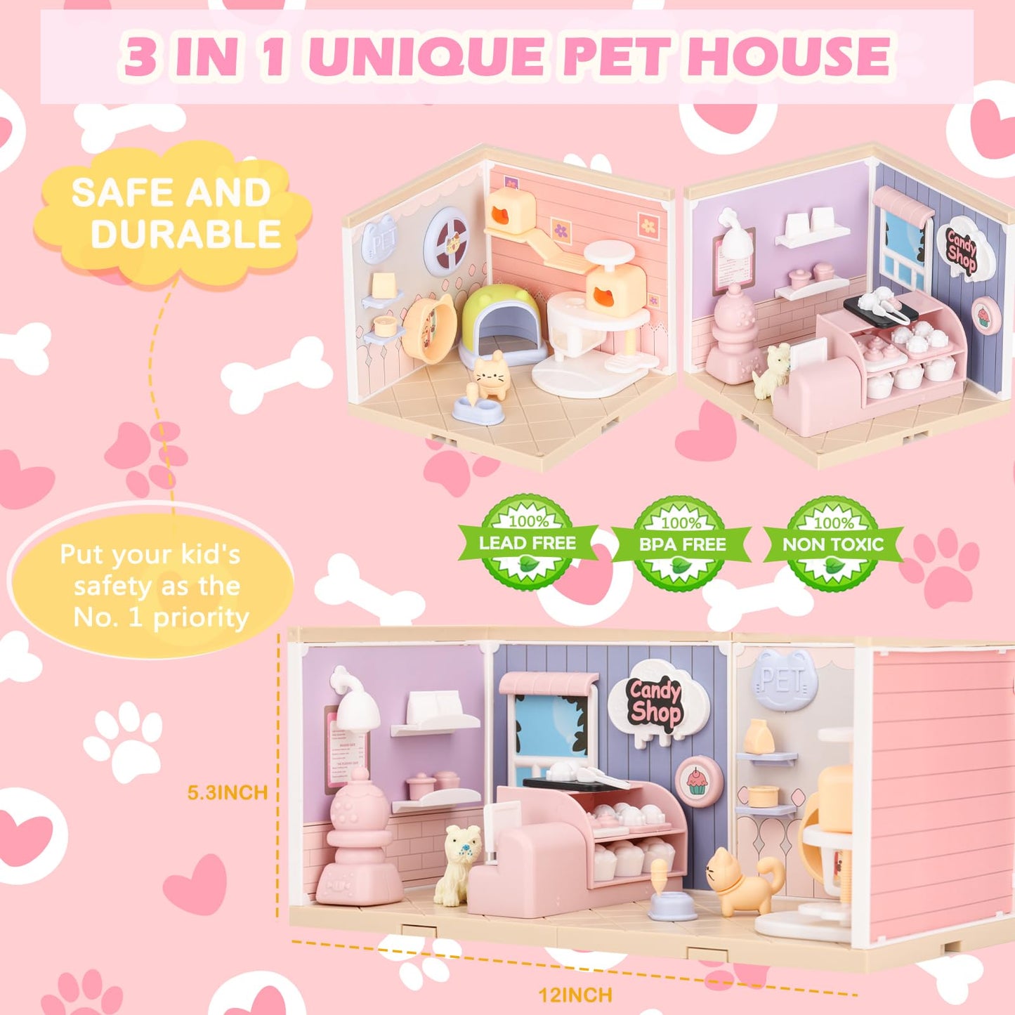 TQQFUN Cat Toys for Kids, 76 Pcs Cat and Dog Pretend Play Figures Playset, Toddlers Gift Interactive Role Play with Cake Treats,