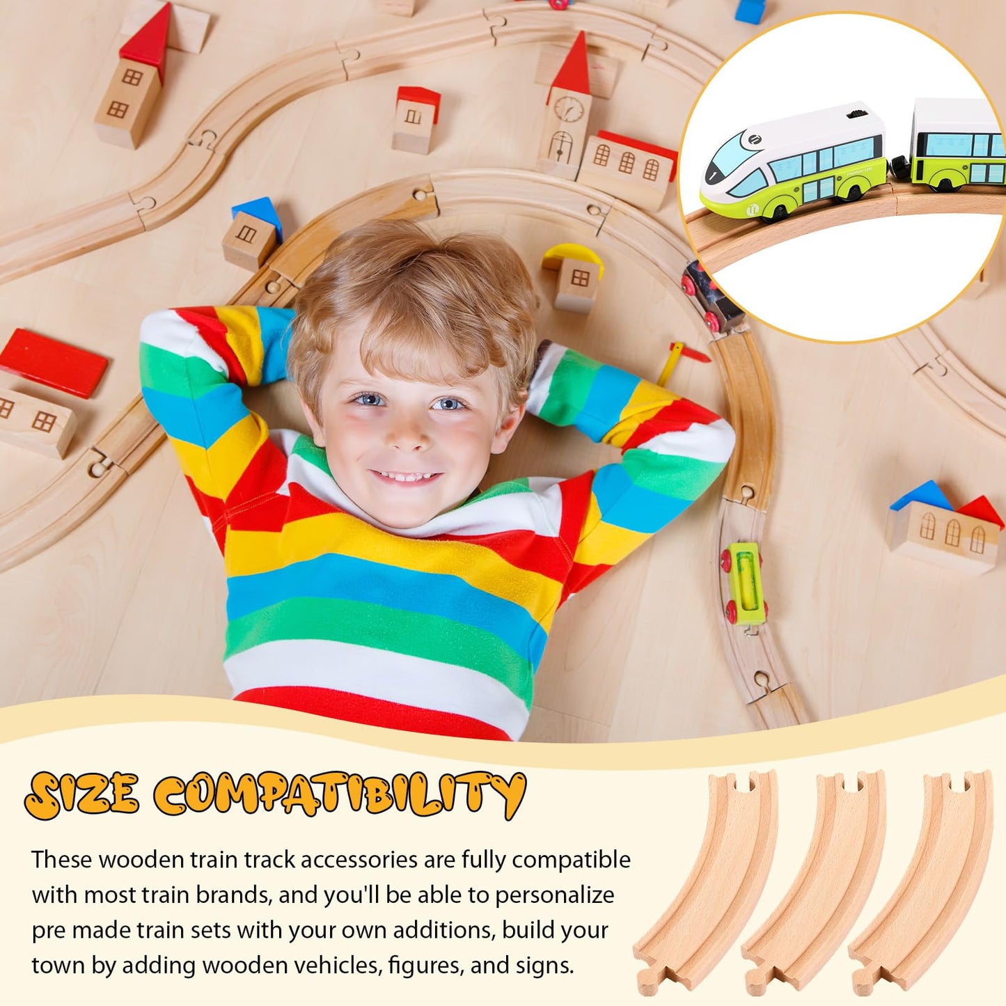 Liliful Pack of 8 Wood Train Track Expansion Packs| Compatible with Most Train Tracks| 6'' Train Tracks (Curved)