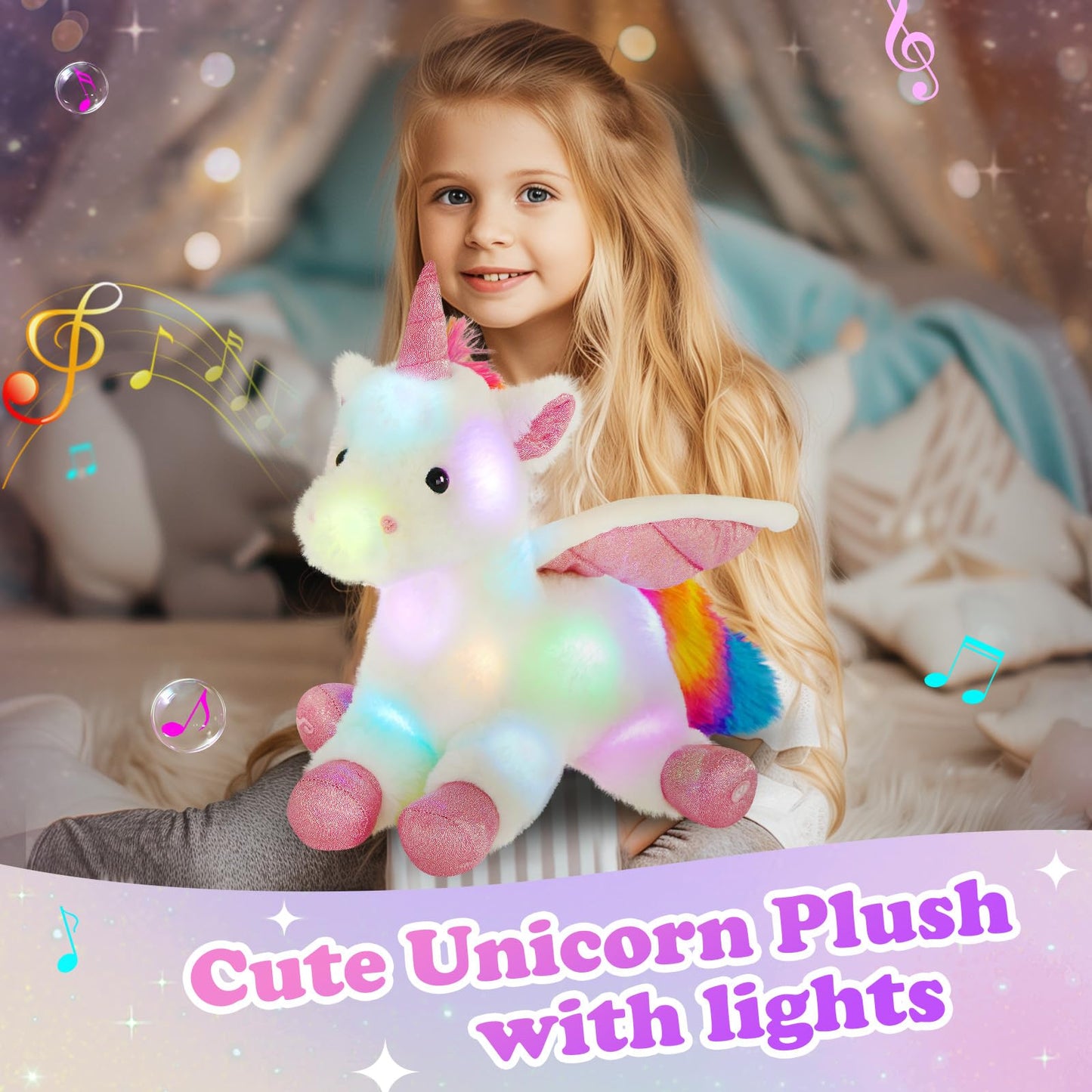 Cozyworld 16.5'' White Light Up Musical Unicorn Stuffed Animal Glowing Singing Soft Plush Toys Decor Birthday Christmas Children