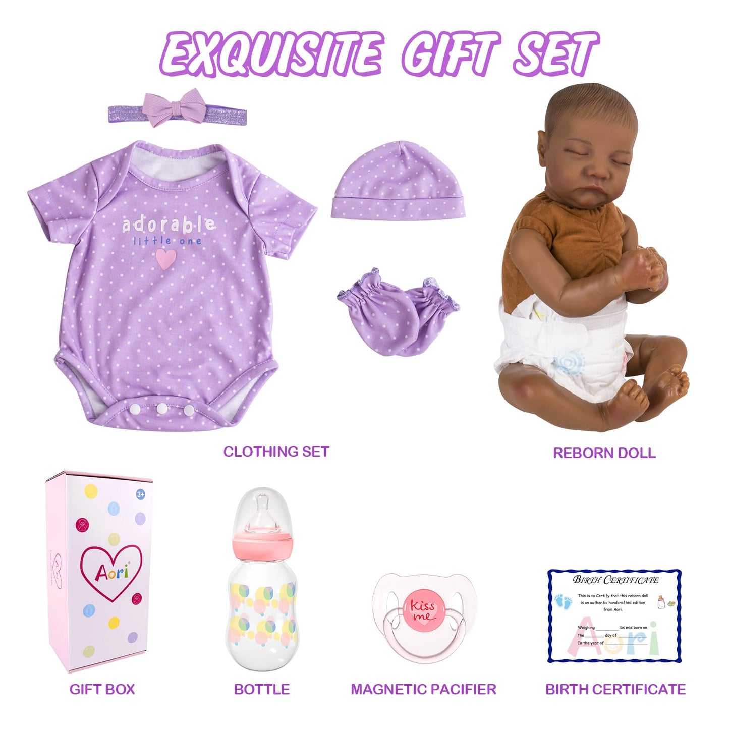 Aori 18-inch Black Reborn Baby Doll - Realistic Soft Vinyl, Purple, Model AORI24564