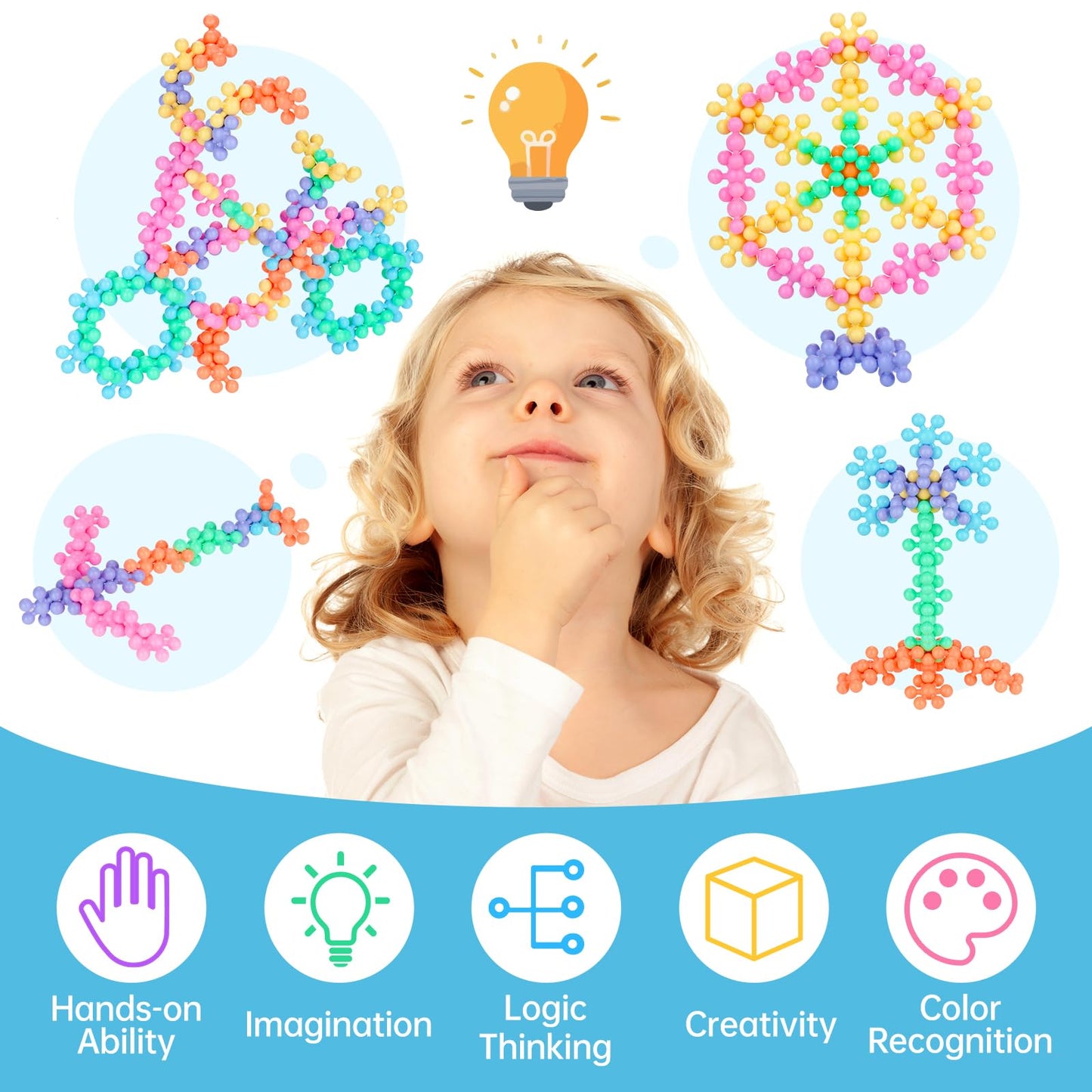 Nitoy 300Pcs Interlocking Snowflake Building Block Toy For Kids Ages 3+, Multi-Color Solid Plastic Early Learning Creativity Educational Stem Toy With Carrying Case Safe Material (Macaron Colors)