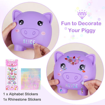 Piggy Bank Girls, Unbreakable Piggy Banks Large Money Coin Bank For Kids With Diy Stickers, For Birthday, Easter, Baby Shower, Purple