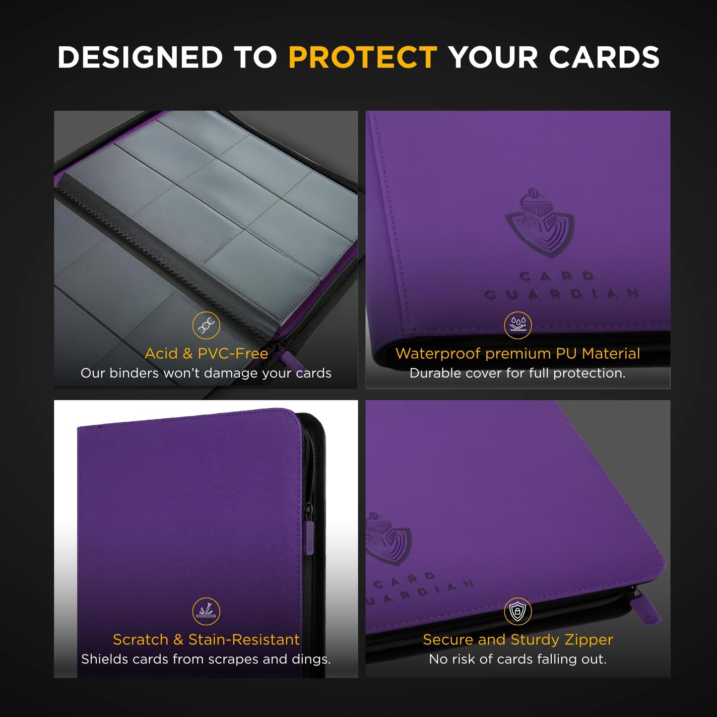 Card Guardian - 9 Pocket Premium Black Binder With Zipper For 360 Cards - Side Loading Pockets For Trading Card Games Tcg (Purpl