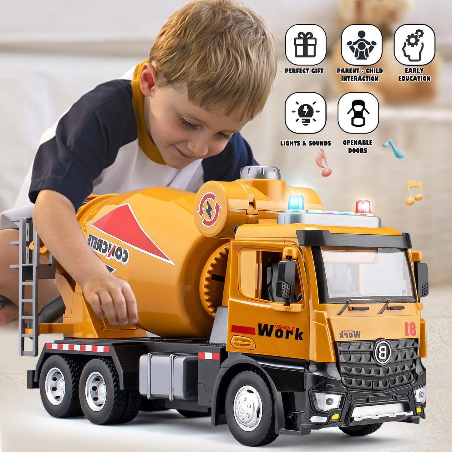 TAKGUD 11.5 Cement Mixer Toy Truck with Sounds & Lights, Friction Powered Construction Vehicle for Kids, Yellow Birthday Gift