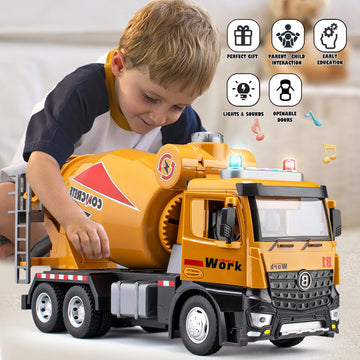 TAKGUD 11.5 Cement Mixer Toy Truck with Sounds & Lights, Friction Powered Construction Vehicle for Kids, Yellow Birthday Gift