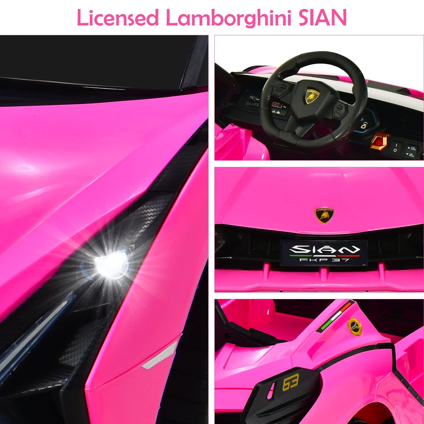 Olakids Kids 12V Licensed Lamborghini Sian Ride On Car, Electric Vehicle For Toddler With Control Remote, Battery Powered Toy With Music, Horn, 2 Speeds, Suspension, Led Lights, Bluetooth, Usb (Pink)
