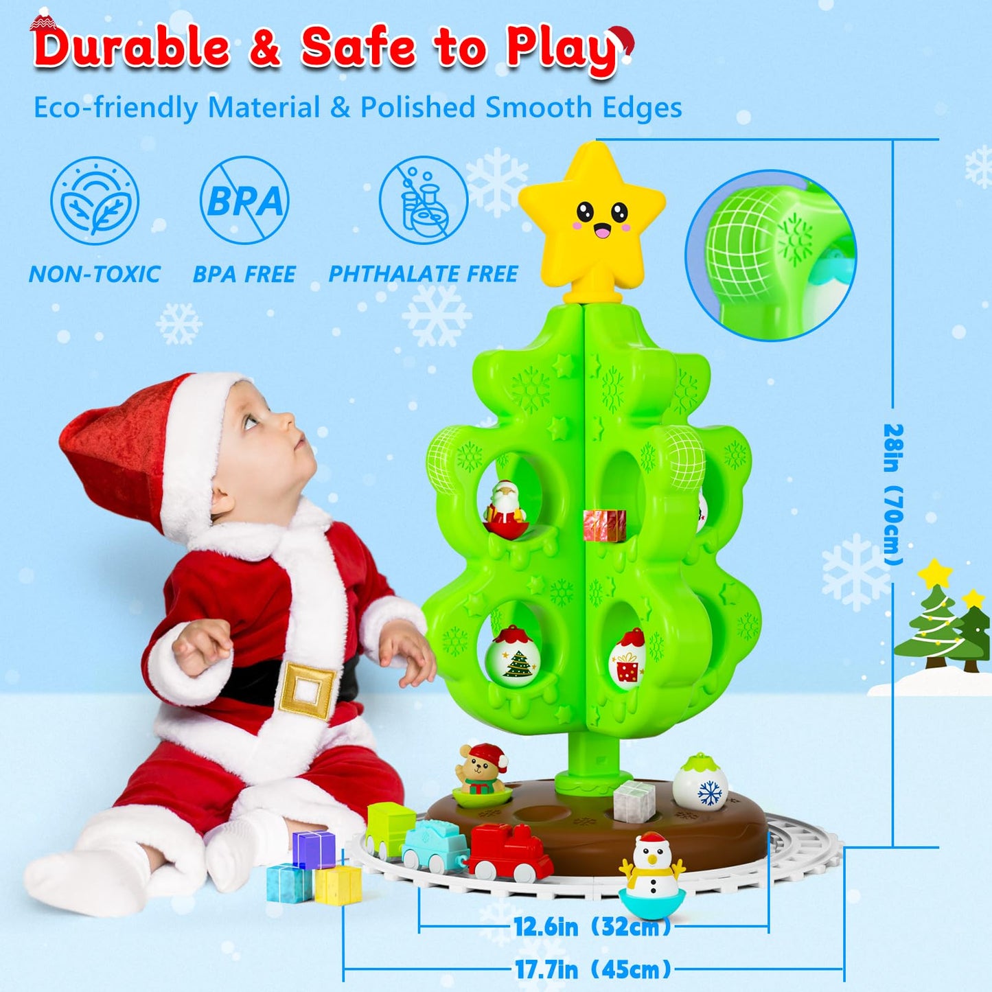 Surelect My First Christmas Tree For Toddlers, Montessori Christmas Decoration Toy With Ornaments, Mini Train Set, Roly Poly Toy