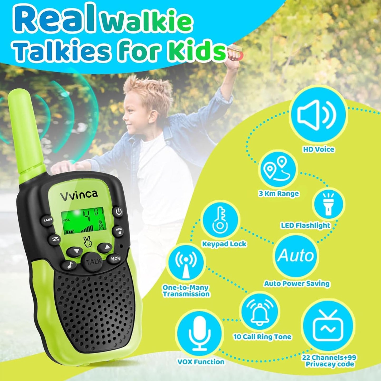 Vvinca Walkie Talkies For Kids, Rechargeable Toys For Ages 3 4 5-7 8-12 Year Old Boys Girls With Flashlight 22Ch 2 Way Radio, 3