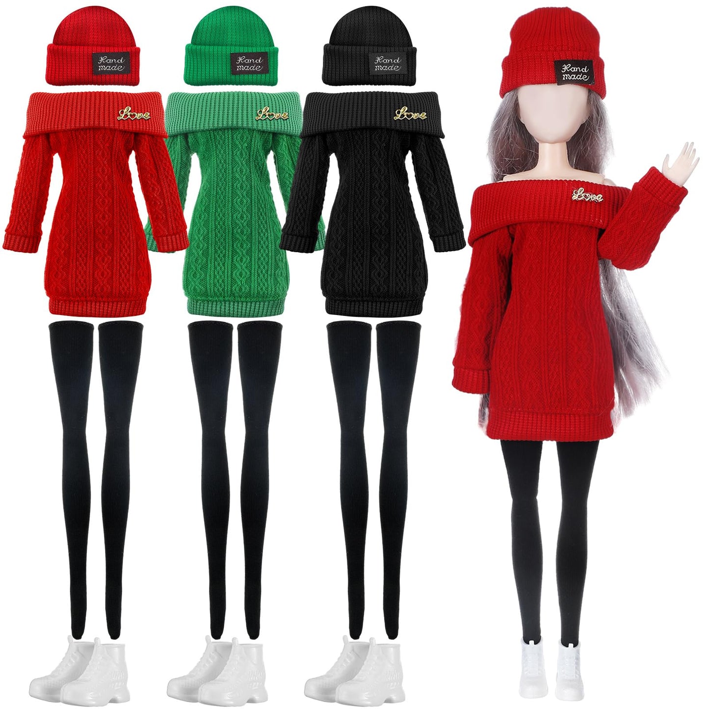 Geyoga 3 Set 12 Pcs Winter Doll Clothes And Accessories Doll Suit Doll Pants Shoes Winter Sweater Outfits, Dolls Are Not Included(Red, Green, Black,12 Inch)