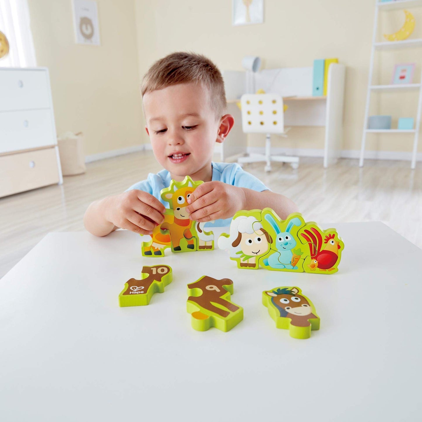 Hape Numbers & Farm Animal Puzzle Double-Sided Wooden Jigsaw Game For Kids 10-Piece, Multi-Coloured