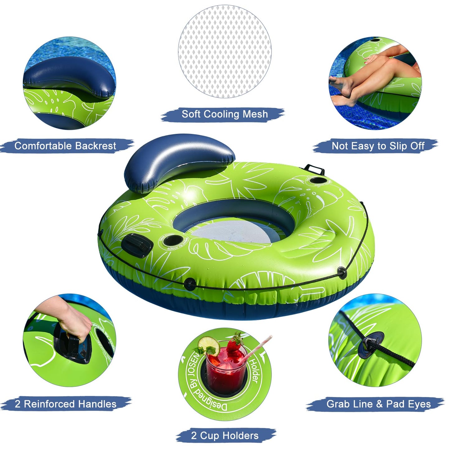 Josen Heavy Duty River Tubes Float With Cup Holders For Pool And Lake - 53'' Large Pool Float For Adult, Inflatable Swimming Poo