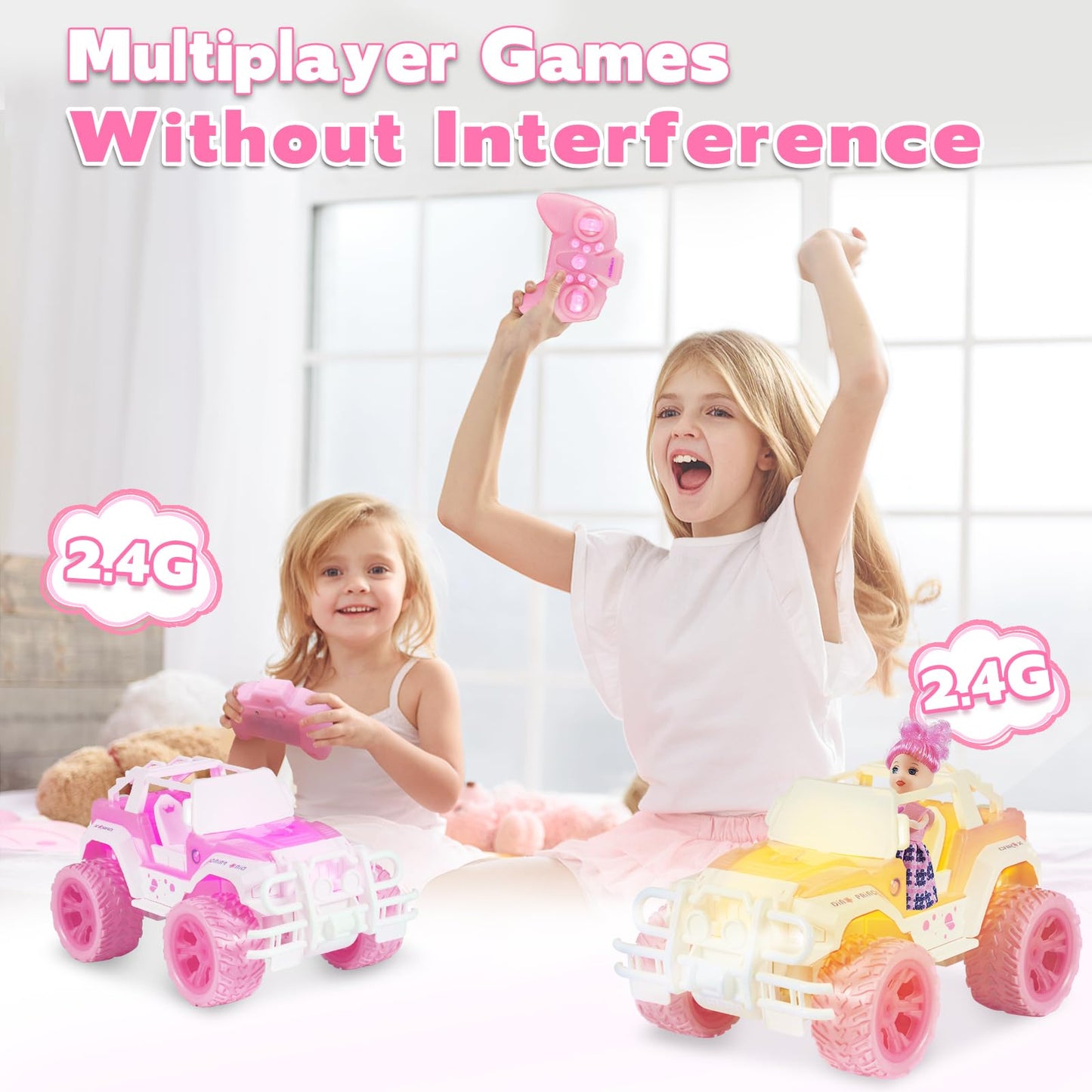 Pink RC Cars for Girls, 1:16 Scale Cute Remote Control Car with 9 LED Colorful Light & Multiple Music Mode, 80 Mins Play 2.4GHz