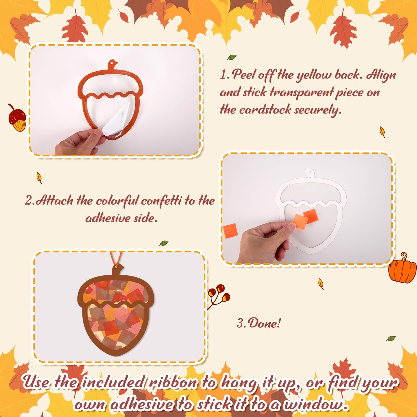 Renbuzhu 40PCS Fall Crafts Bulk: Acorn Paper Suncatchers DIY Kit for Autumn Thanksgiving Activities Decorations, Window Stained
