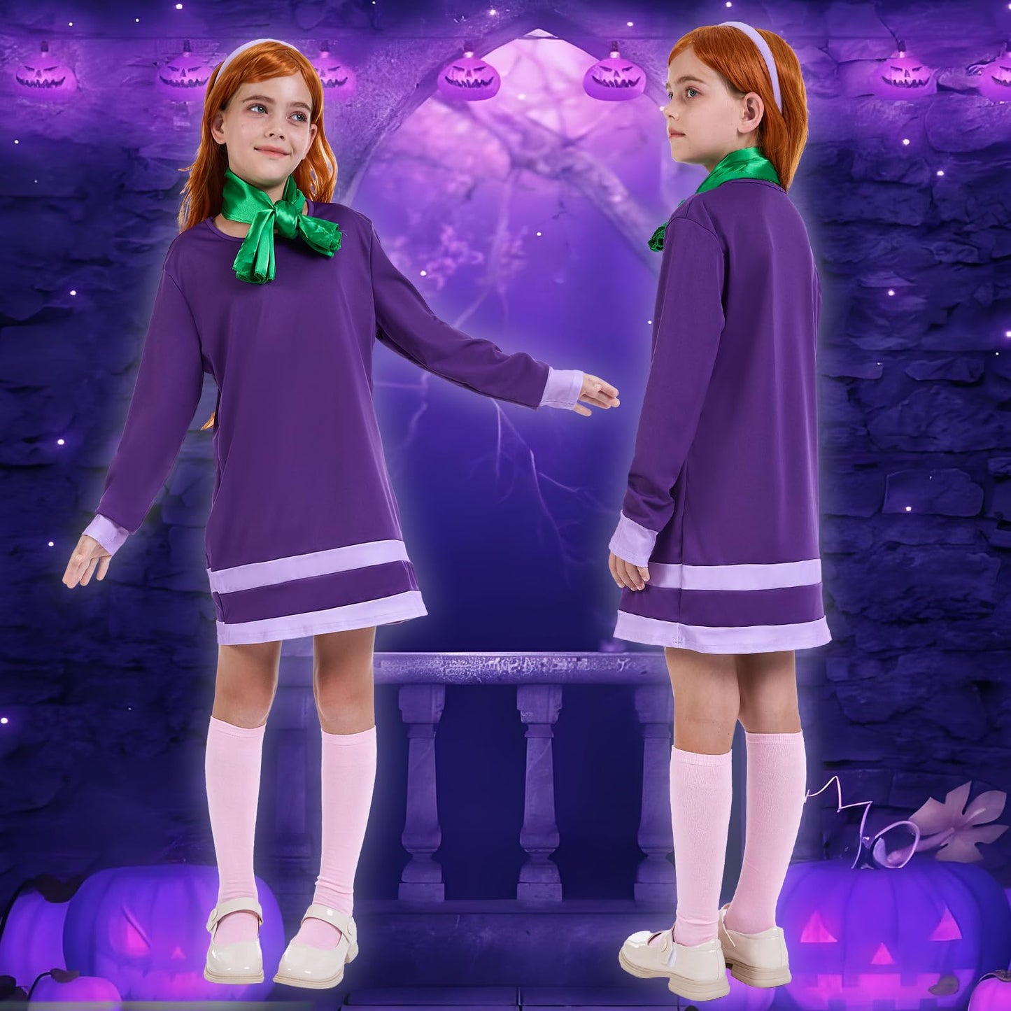 KDAFJLKD Girls Halloween Costume Long Sleeve Purple Dress Cosplay with Accessories Wig Scarf Headband Stockings (120 (5-6 Years))