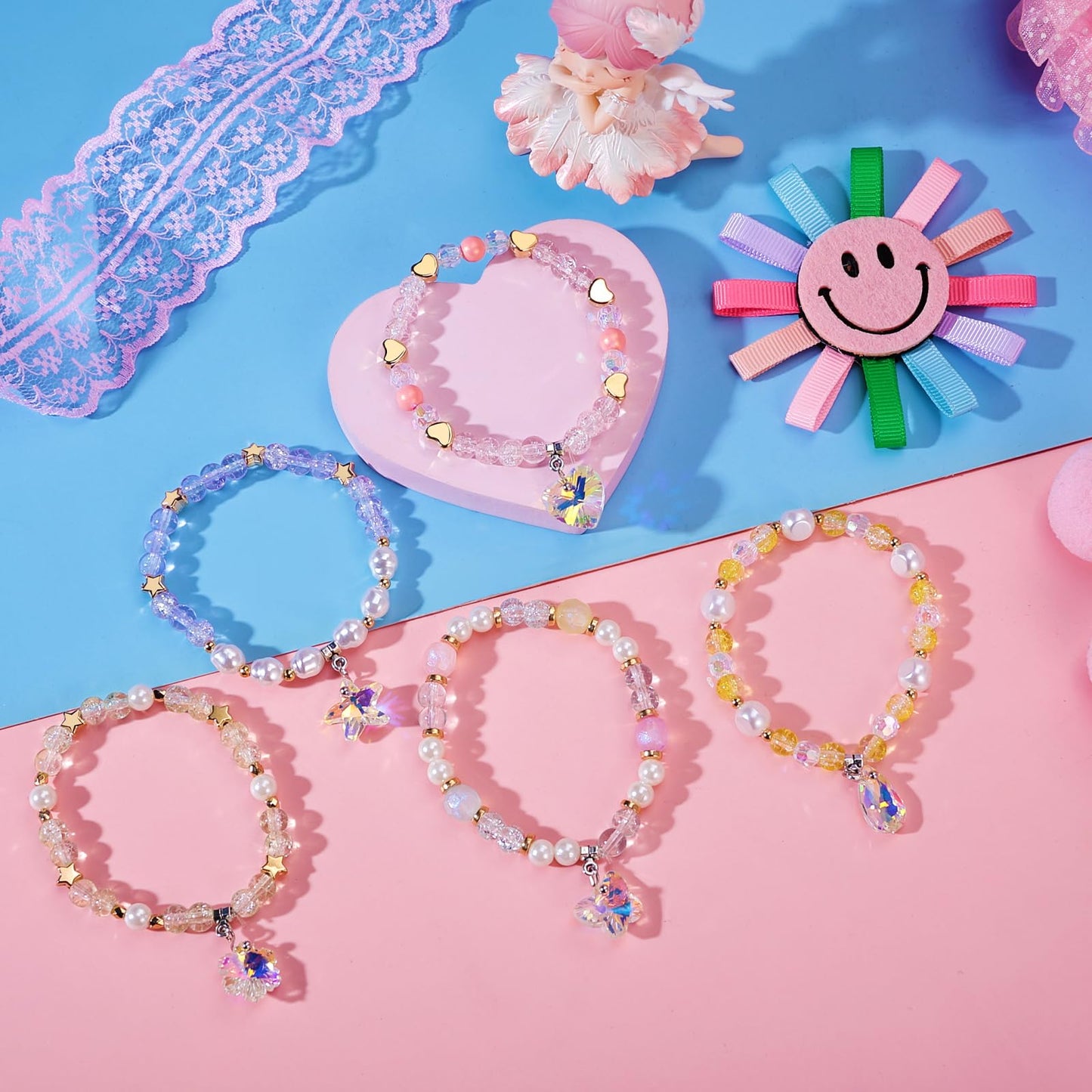 PinkSheep Beads Bracelets for Kids, Girls Friendship Charm Bracelet, Crystal Beads, 10 PC, Party Favor