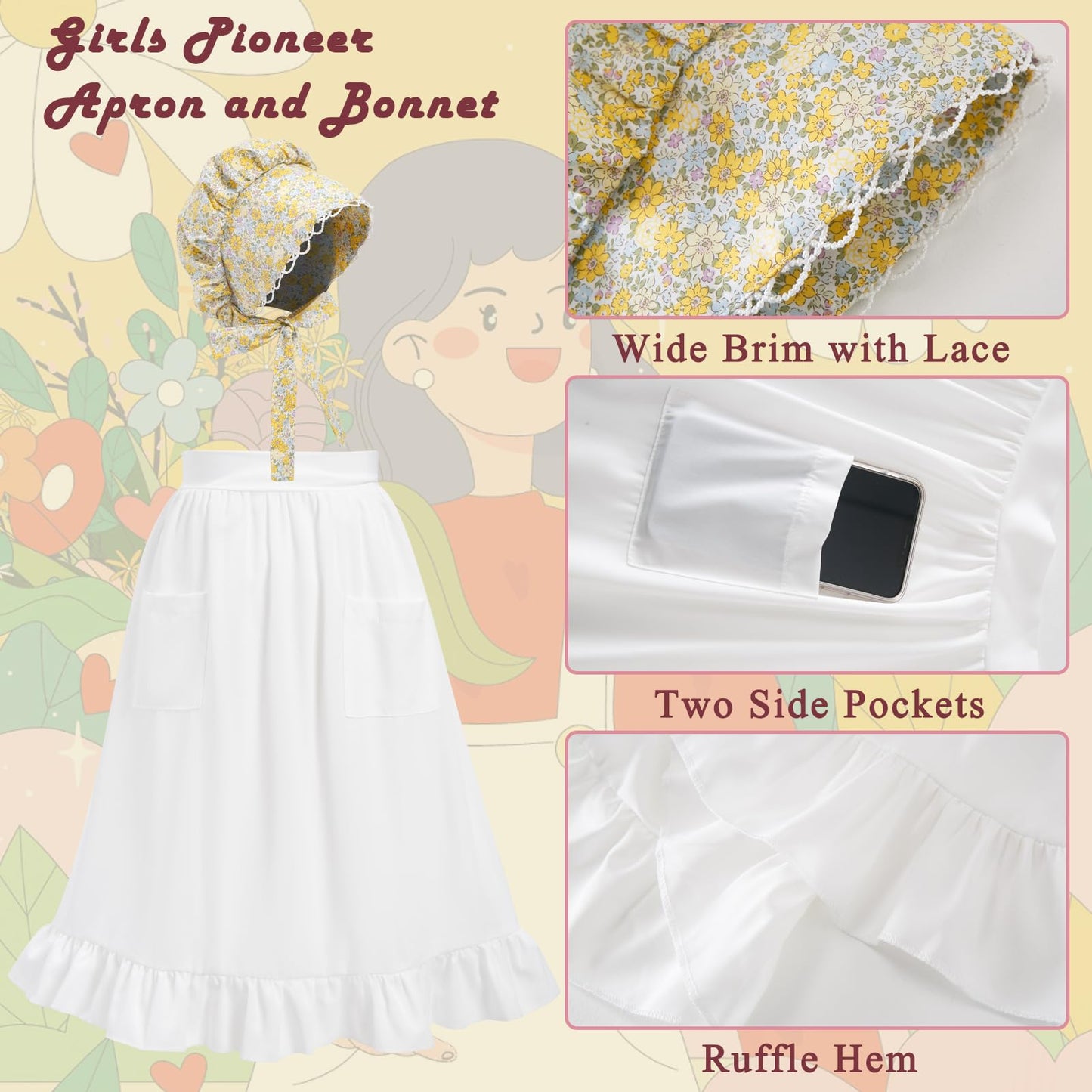 Fortmac Prairie Dress Girls Pioneer Colonial Costume Floral 1800S Pilgrim Costume With Apron And Bonnet Yellow 11-12Y