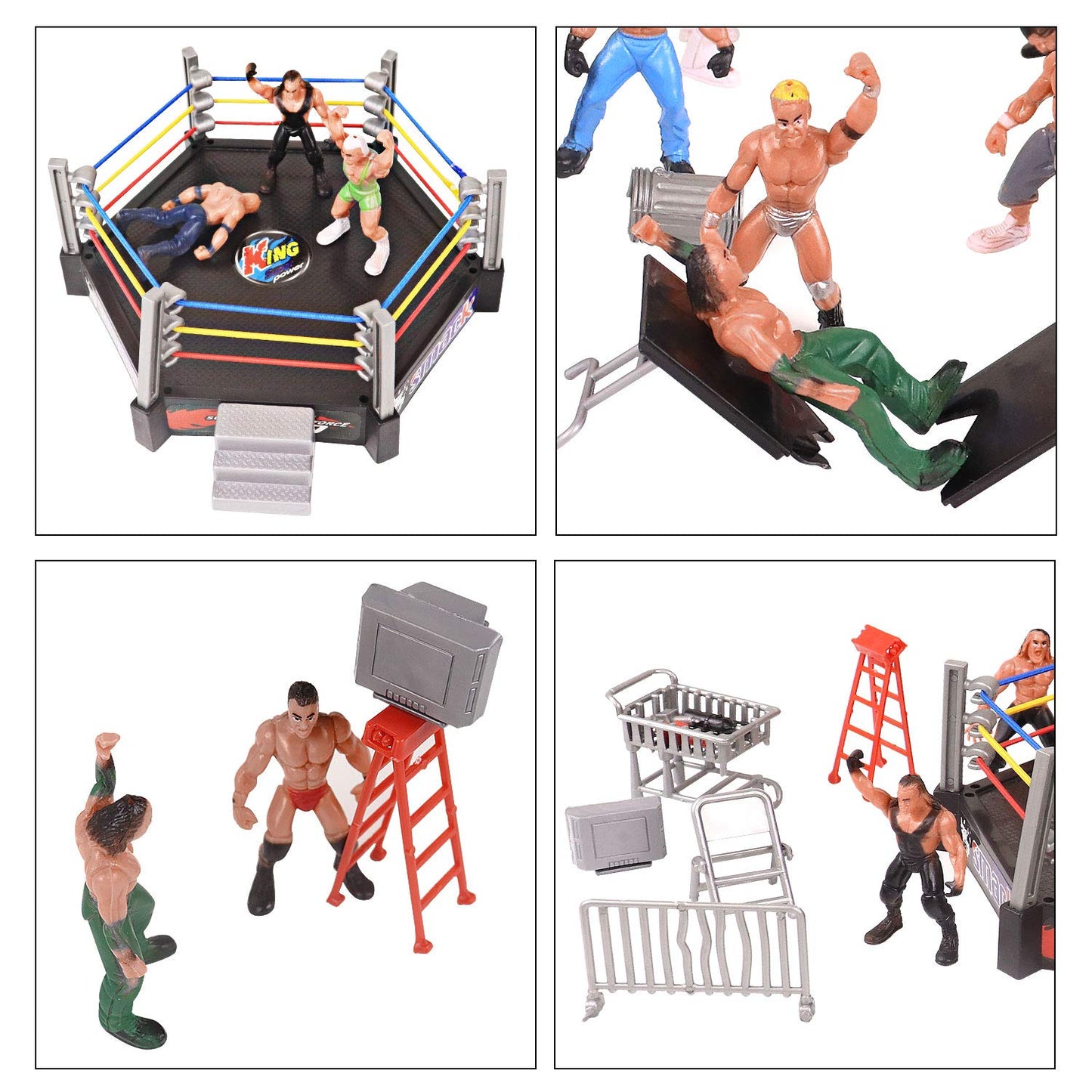 32Pcs Wrestling Toys For Kids, Wrestlers Playset With 12 Wrestling Action Figures, 2 Wrestling Rings, Many Realistic Accessories, Toy Figures & Playset Gift For 2 3 4 5 6 Boys Girls, Cool Cake Toppers
