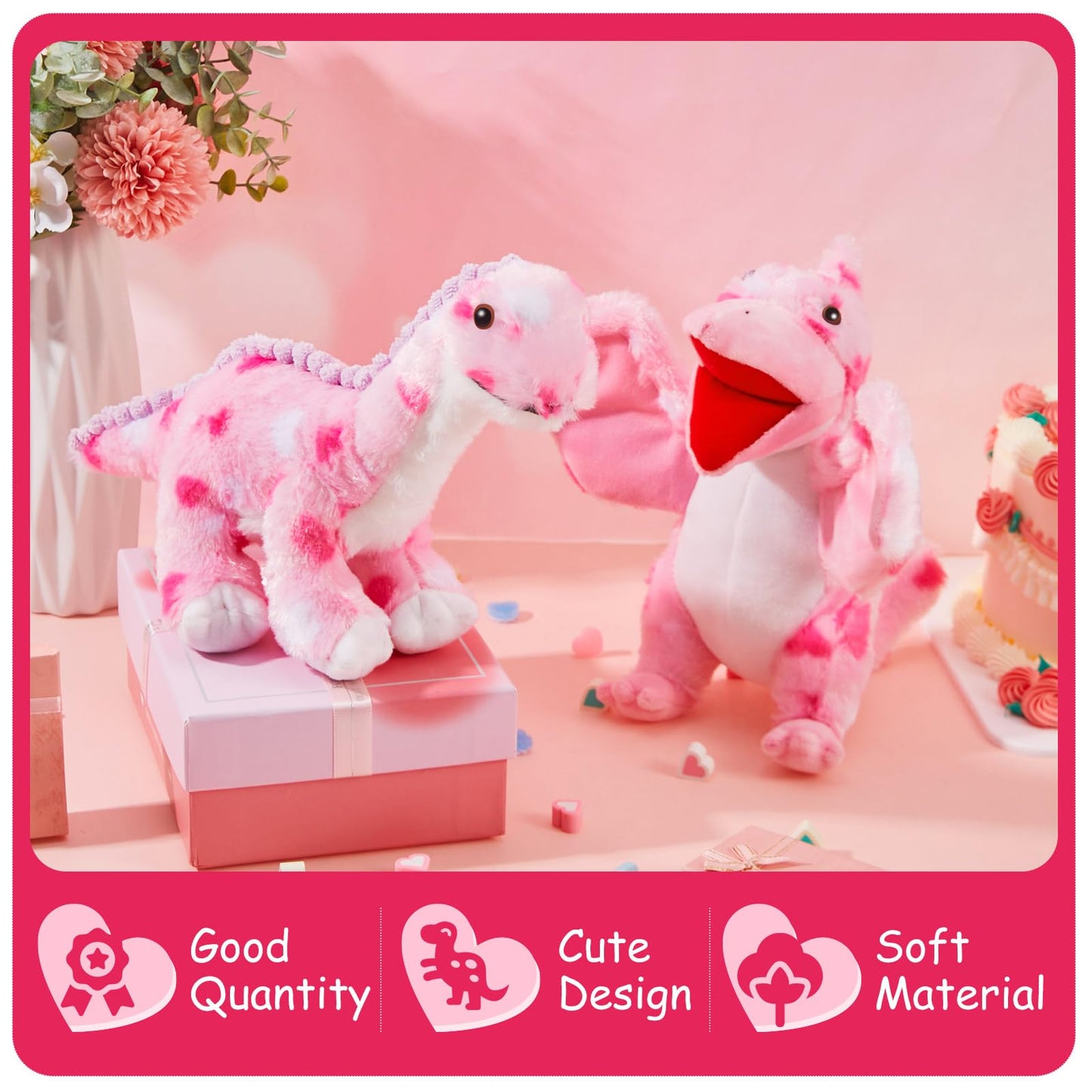 Deekin 2 Pcs Valentine'S Day Stuffed Animals Toy Love Plush Dinosaur Stuffed Animal Holding Heart Kawaii Pink Dinosaurs For Boys
