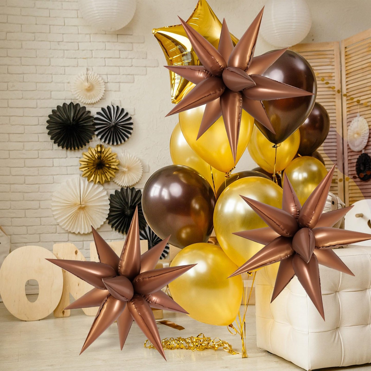 60 Pcs Chocolate Color Star Balloons Foil Starburst Balloons Explosion 12 Point Cone Balloons Large For Wedding Anniversary Back