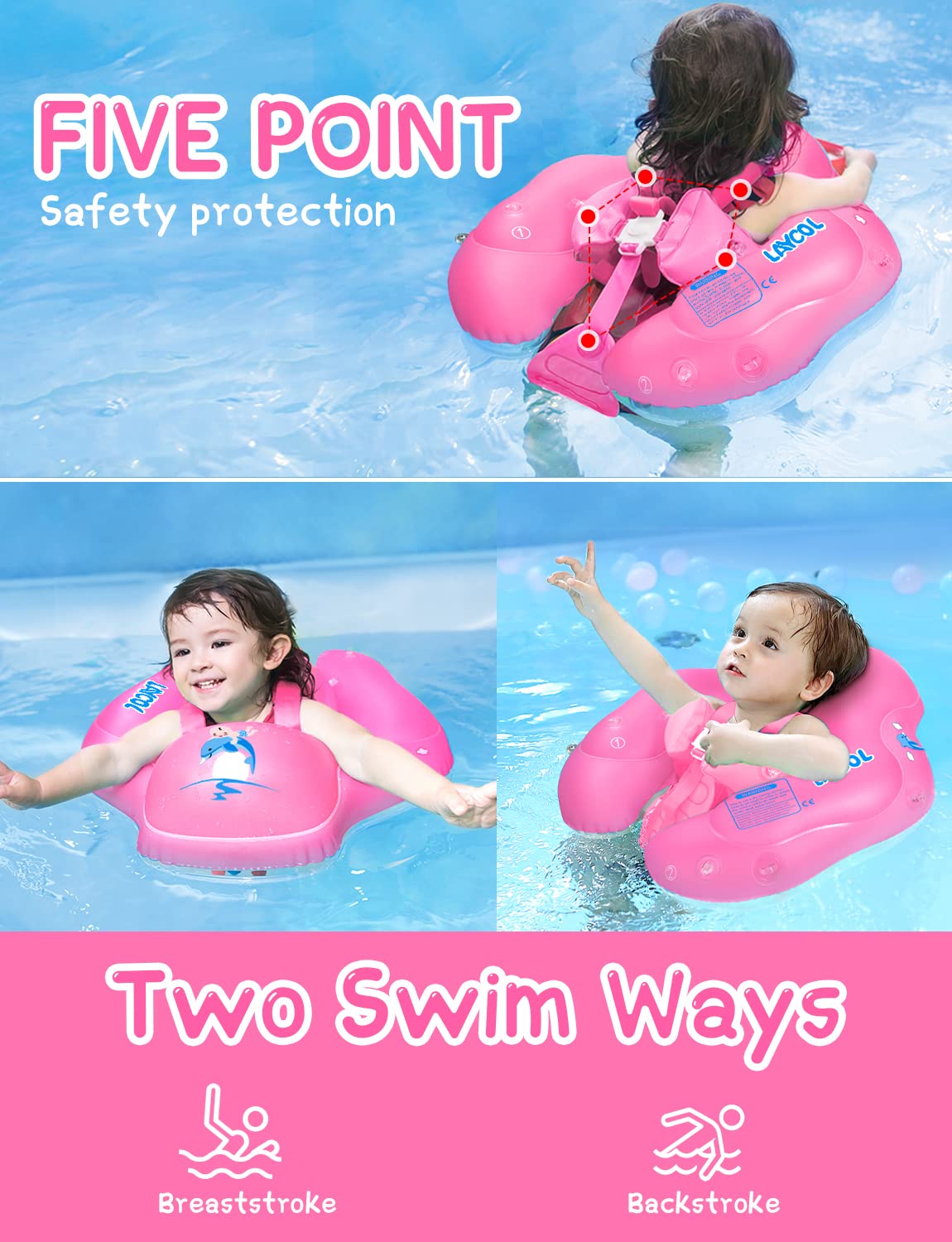 LAYCOL Baby Swimming Float with UPF50+ Canopy, Large Pink, No Flip Over Design for 3-36 Months Pool Safety