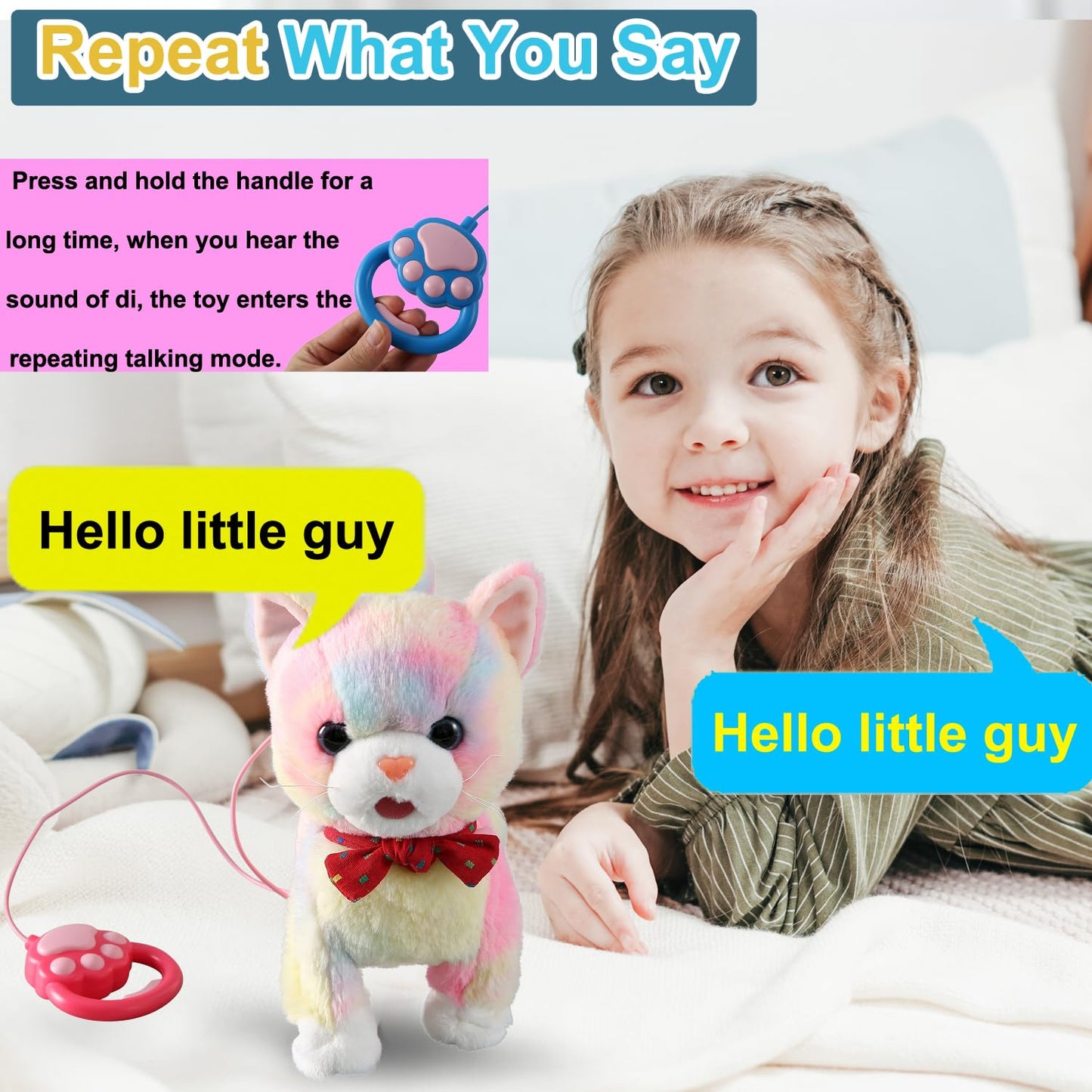 Colorful Leash Walking Cat Set Interactive Talking Cat Singing Dancing Kitten Mimicking Repeat What You Say Kitty Touch And Voice Control Nodding Wagging Tail Plush Electric Kitty For Kid Gril