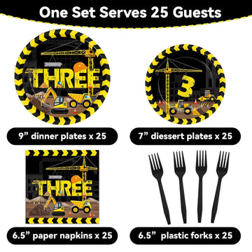 Qyeahkj 100 Pcs Construction 3Rd Birthday Party Tableware Set 3 Years Old Birthday Dinnerware Disposable Construction Plates Nap