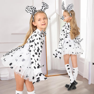 COSPELEY 101 Dalmatian Costume for Kids, Girls Shirt Outfit Ears Headband Socks Accessories for 101st Day Of School (Middle(8-10