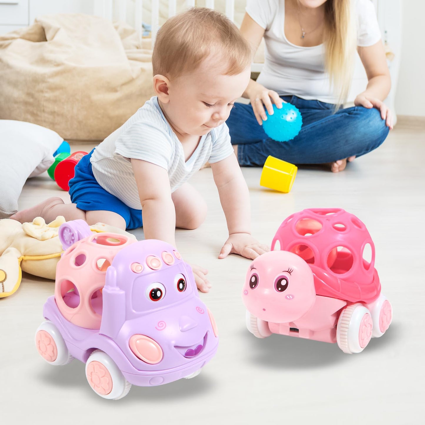 Baby Toy Cars - Toy Cars for Toddlers 1-3,Soft Rattle and Roll Truck for 1-3 Year Olds Girl, Rattle Car for Baby,Gifts for 6-12