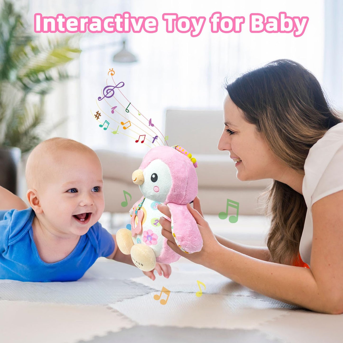 Fuzqq Baby Toys 0-6 Months,Musical Stuffed Animal Plush Toy,Textured Hanging Ring,Rattles & Crinkle Sound Paper,Tummy Time Toys