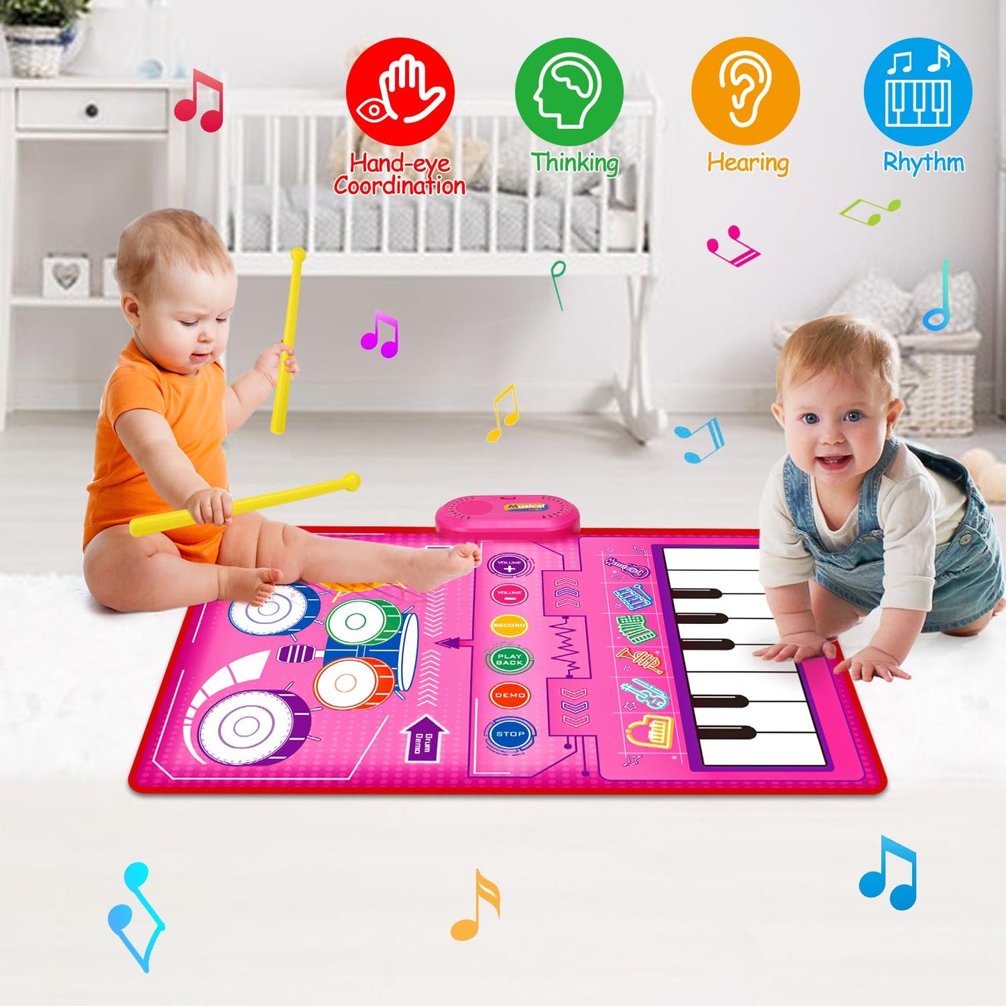 2 In 1 Musical Toys For Toddlers 1-3 Piano Keyboard & Drum Mat, Music Sensory Play Mat Baby Toys For 1 Year Old Developmental Toddler Girl Toy Age 1-2 Birthday Gifts For 1 2 Year Old Girls Present