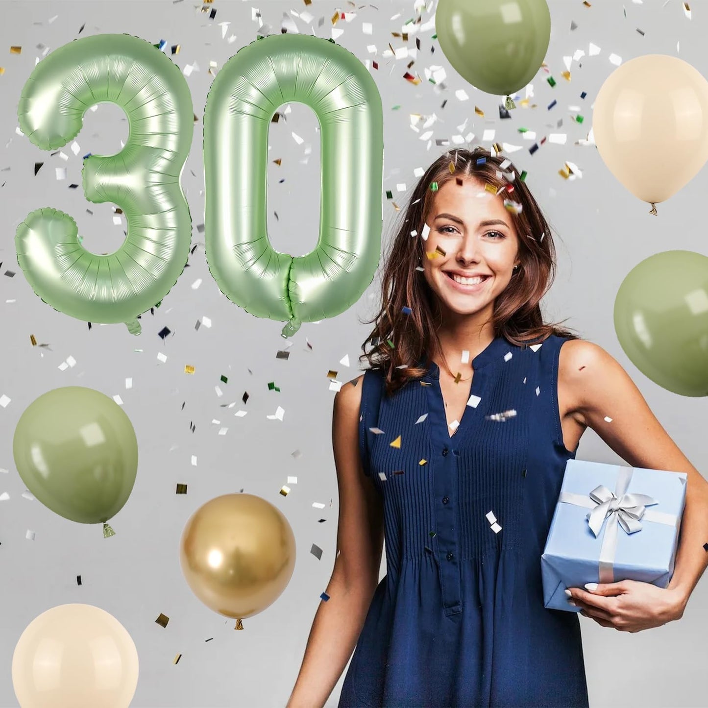 40 Inch Sage Green Number 30 Balloon, Olive Green 30Th Birthday Balloons, Retro Sand White Avocado Green Gold Latex Balloons Gia