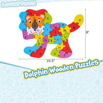 Lovestown Lion Wooden Puzzle, 26Pcs Jigsaw Puzzle Alphabet And Number Blocks Animal Wooden Building Blocks For Kid Preschool Edu