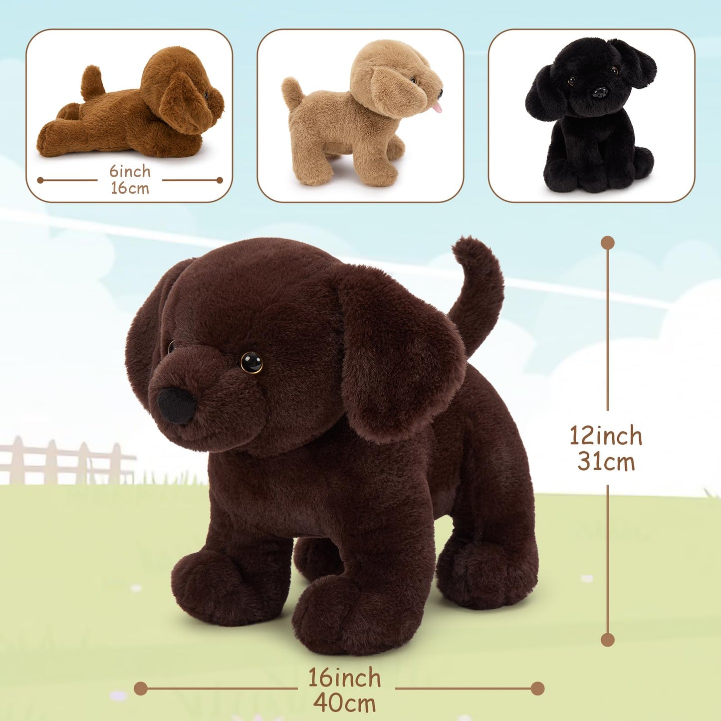 BENINY 4Pcs Lab Stuffed Animals - 16 Huggable Chocolate Mama Labrador Dog with 3 Hidden Puppies (Black/Yellow/Dark Brown) - Plush Toys Gifts for Kids