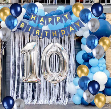 10Th Birthday Party Decoration For Boys, Birthday Banner Number 10 Birthday Balloons Metallic Silver Blue Gold Latex Balloon For