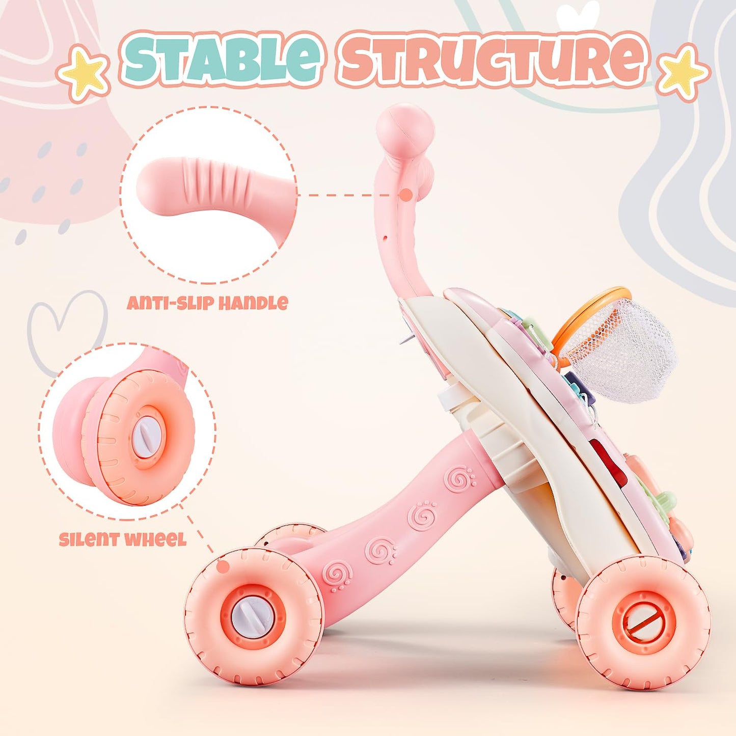 TOY Life 3 in 1 Baby Push Walker & Activity Center, Pink, for 6-12 Months, Model ZS409399, Music Panel, Sit to Stand Learning Toy
