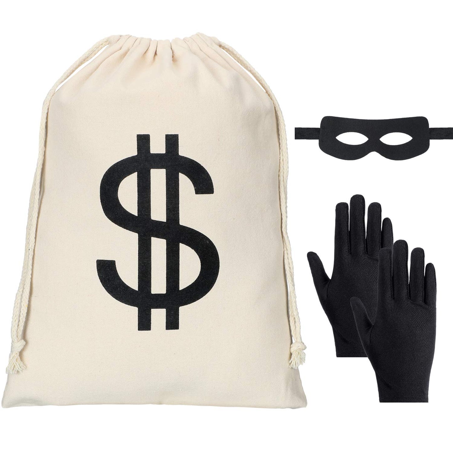Robber Costume Set, Include 11.8x15.7inch Dollar Sign Money Bag, Black Gloves, Eye Mask for Halloween Party Pirate Thief Cosplay