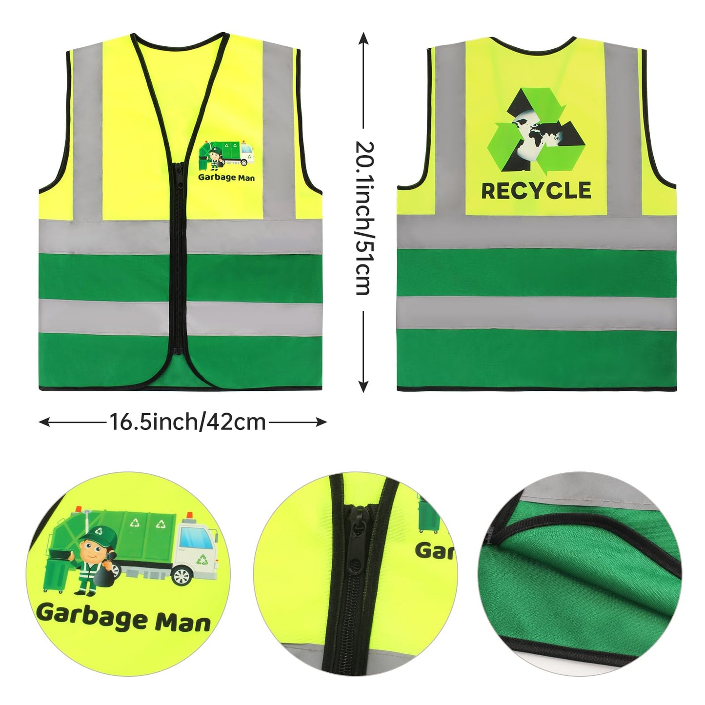 Yewong Kids Green Garbage Truck Costume Set - Recycle Vest, Hat, Gloves & ID Card for Career Day - Size Kid