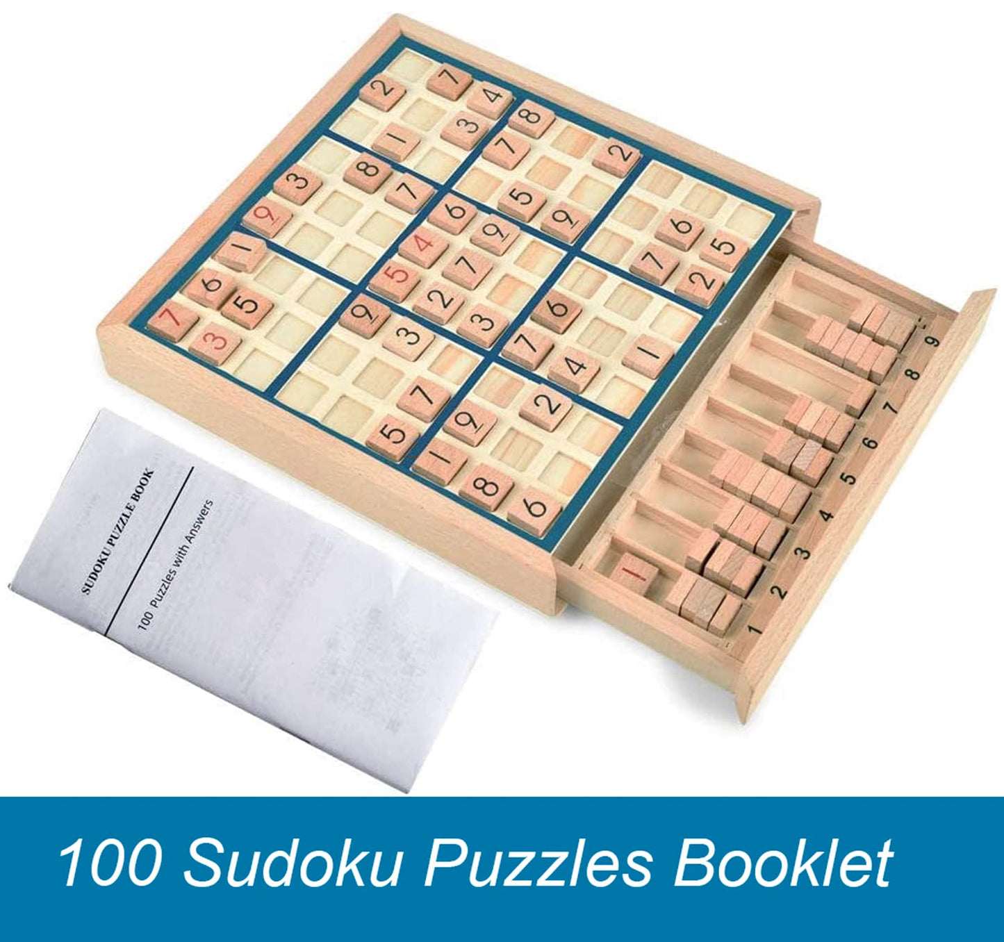Bohs Wooden Sudoku Board Game With Drawer - With Book Of 100 Sudoku Puzzles For Adults - Brain Teaser Desktop Toys