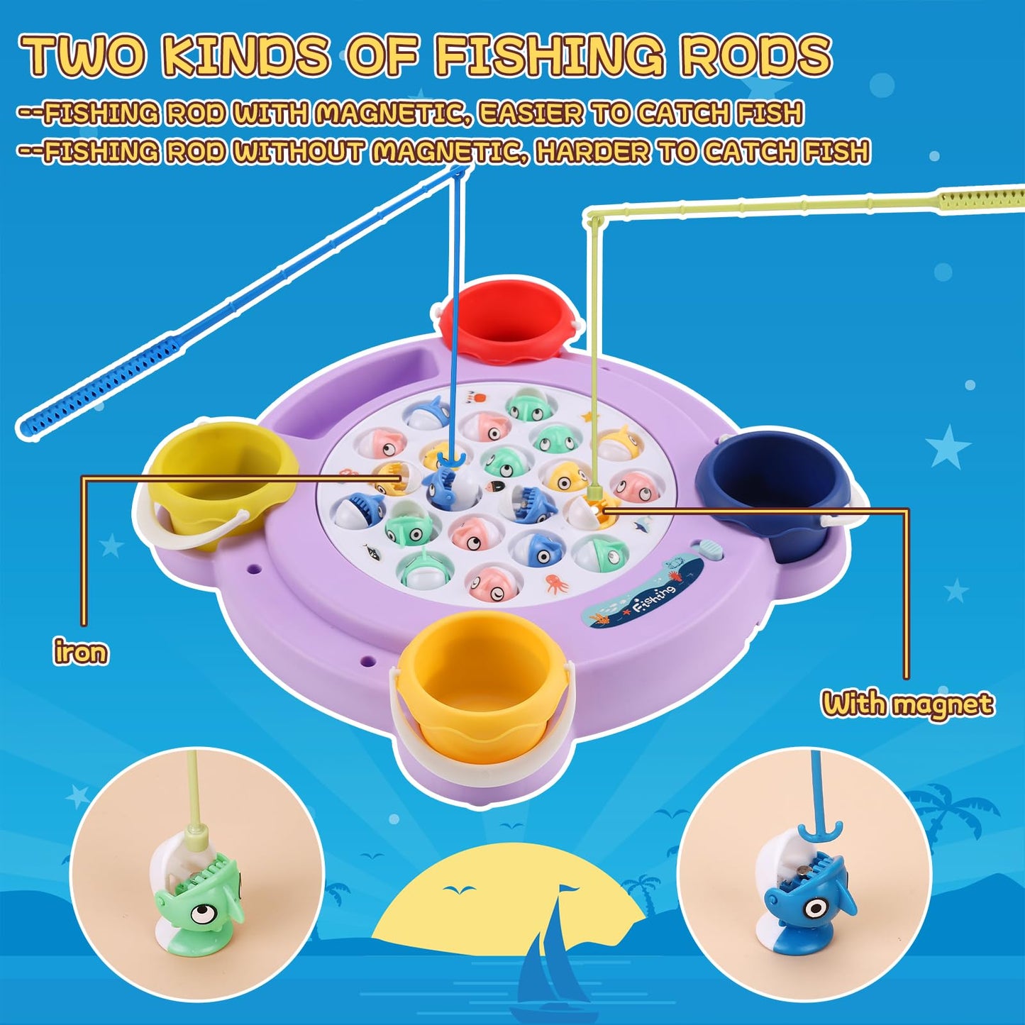 Pakoo Magnetic Fishing Game Toys, Rotating Board Game With Music Including 21 Fishes, 4 Random Color Fishing Poles And 4 Small Fish Buckets, Party Game Toys For Kids Age 4 5 6 7 8 And Up