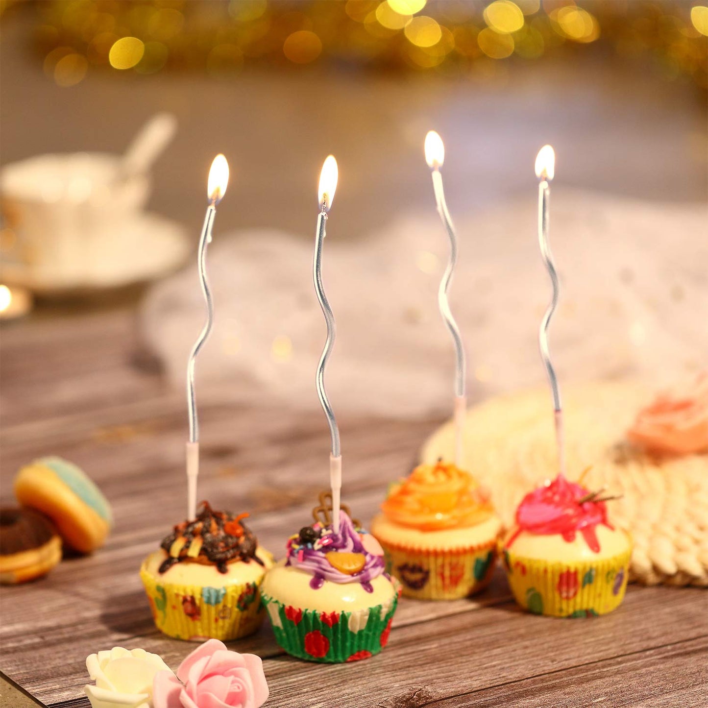 48 Pieces Twisty Birthday Candles Spiral Cake Candles with Holders Metallic Cake Cupcake Candles Long Thin Curly Coil Cake Candl