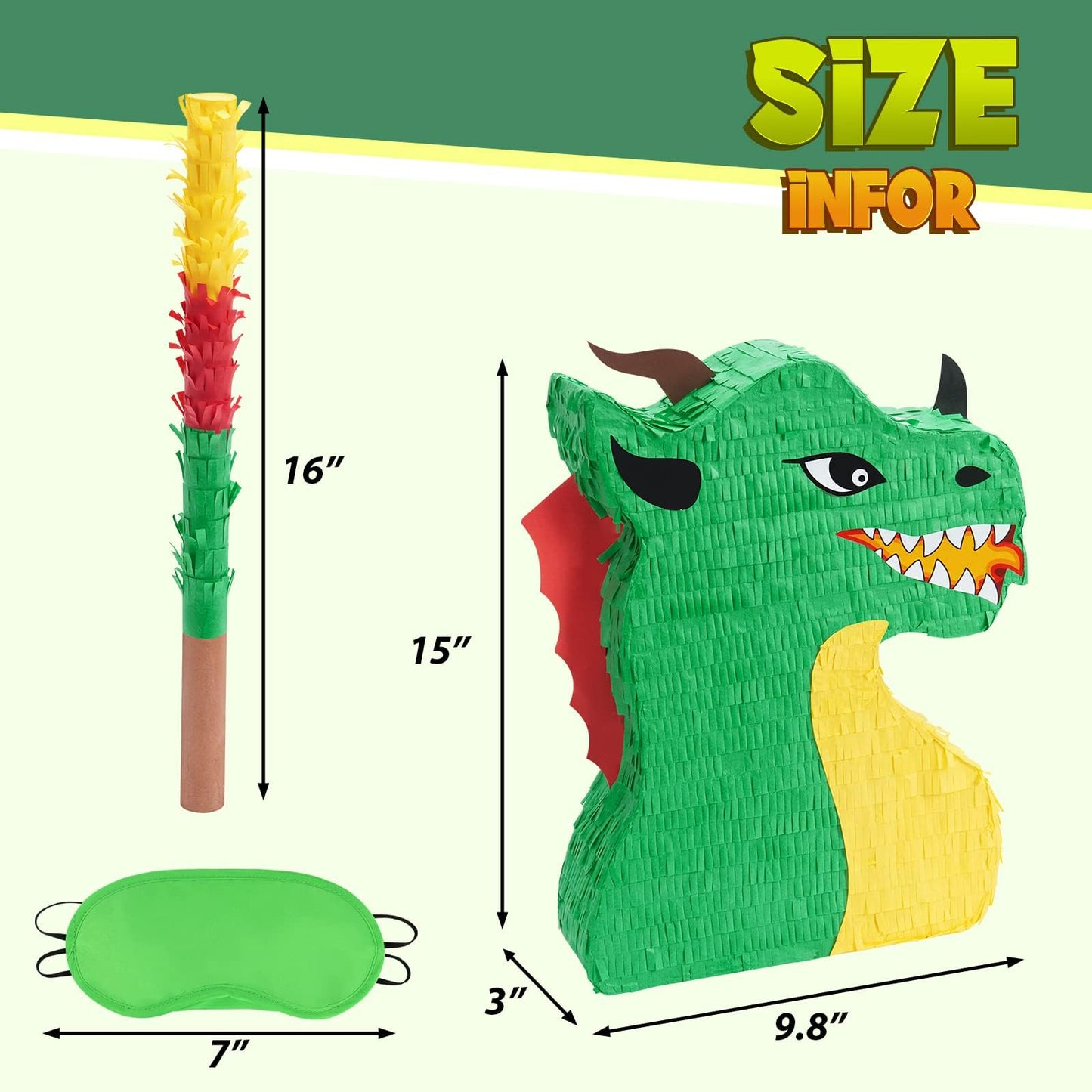 Wernnsai Dragon Piñata - Dinosaur Party Supplies Dino Piñata Bundle With Blindfold And Stick For Boys Kids Dragon Theme Birthday Party Game Decorations (15.5' X 10' X 3')