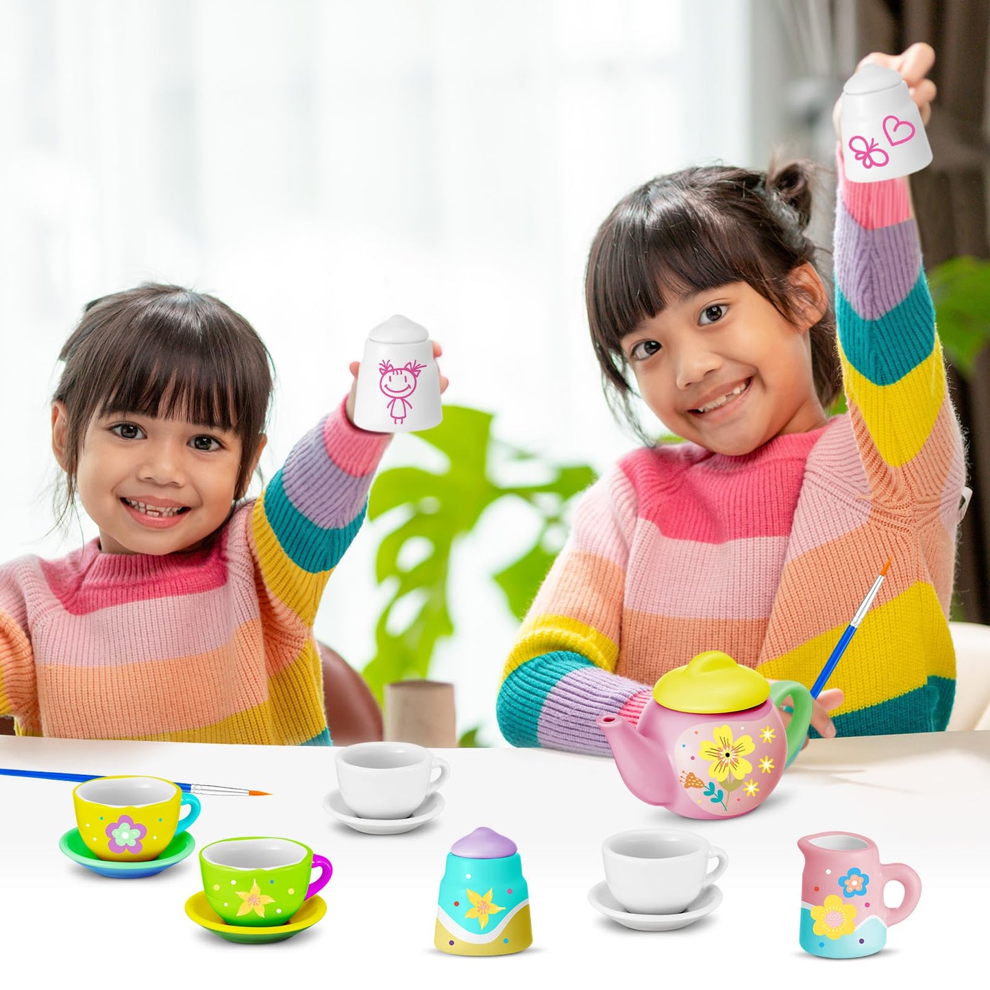 PullCrease 45 Pcs Spring Paint Your Own Tea Kit Craft DIY Tea Kit for Kids Ages 8+ Mini Ceramic Tea Cups to Paint Including Porc