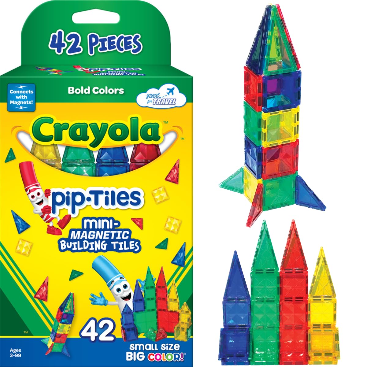 Createon Crayola Mini Magnetic Pip-Tiles, Building Set For Kids, Magnetic Building Toys For Kids, Stem Travel Toys For Boys And Girls Ages 3+, 42-Piece Set (Bold)