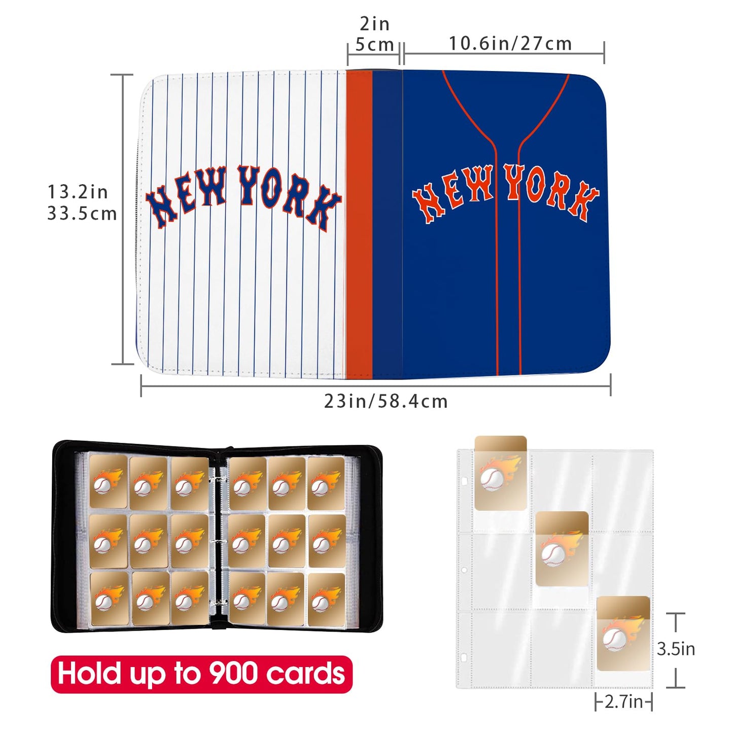 KivolFun Baseball Card Binder 900 Pocket - New York Blue Trading Card Holder, 3 Ring Storage Album for Collectors