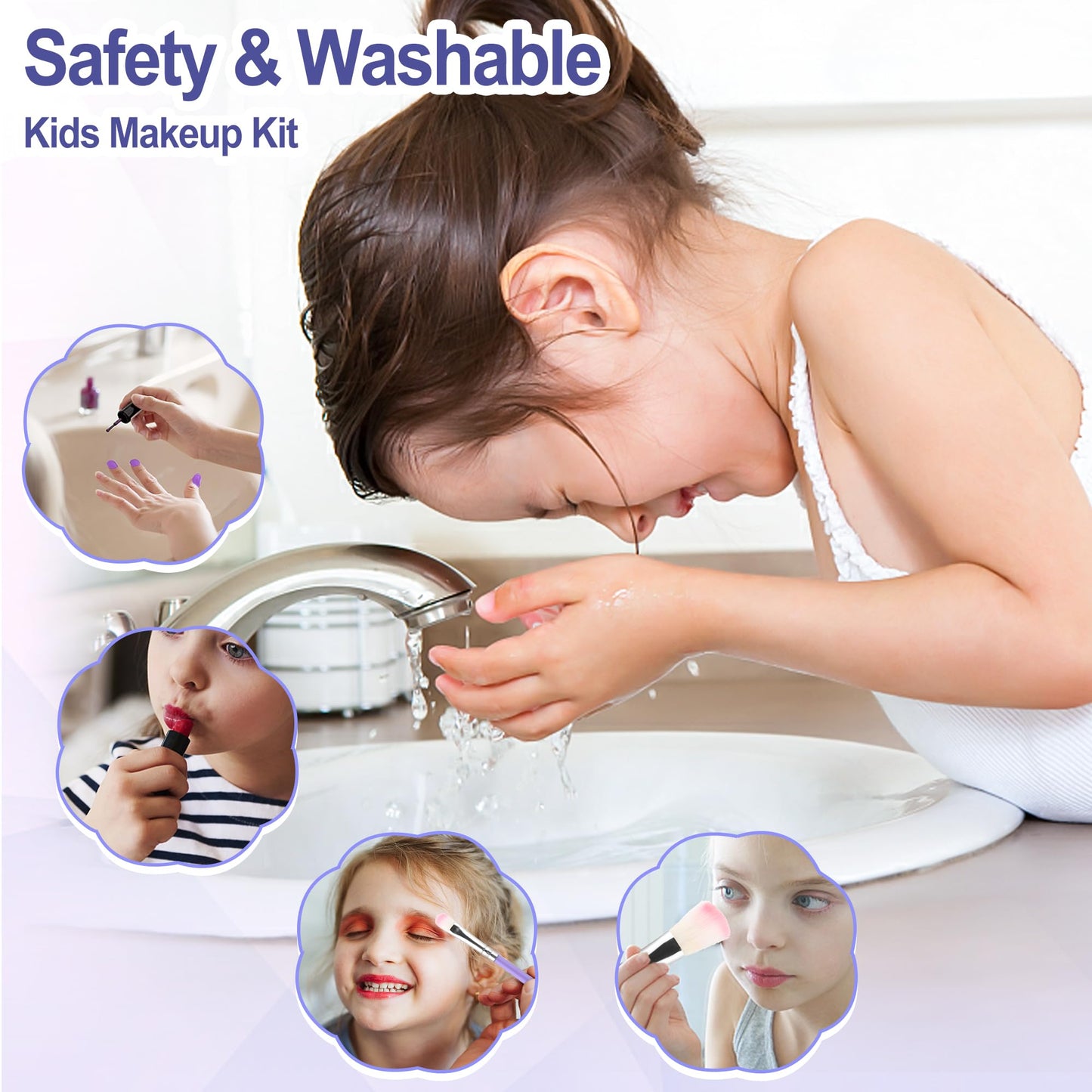 Kids Makeup Kit for Girl with 3-Color LED Lighted Makeup Mirror, DAUXONE 59 Pcs Makeup Set for Girls,Real & Washable Kids Makeu