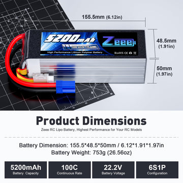 Zeee 6S 5200mAh Lipo Battery 22.2V 100C with EC5 Connector Soft Pack RC Battery for RC Car Truck Airplane Helicopter Quadcopter