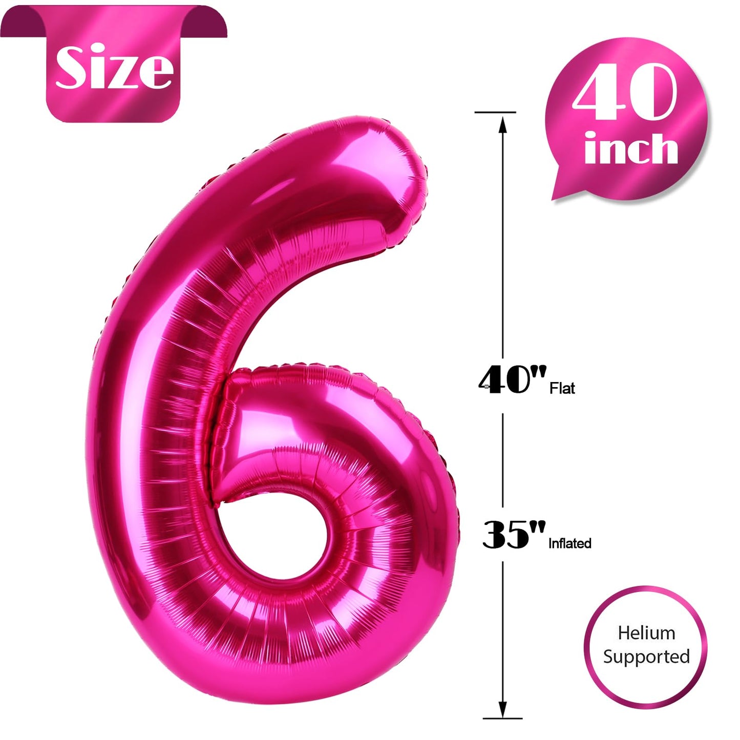 Hot Pink Number 6 Balloon 40 Inch, 6 Balloon Number, 6Th Birthday Decorations, Hot Pink Party Supplies For Boys Girls