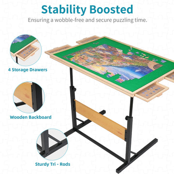 Builderbutler 1500Pcs Puzzle Table With Legs,34.25'' X 25.2''Wooden Jigsaw Puzzle Board With 4 Drawers & Cover,Height Adjustment